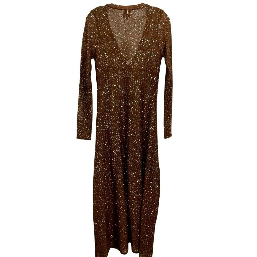 Misa Los Angeles Rafael Brown Sequin Button-Down Maxi Dress Cardigan Medium NWT - Picture 7 of 7